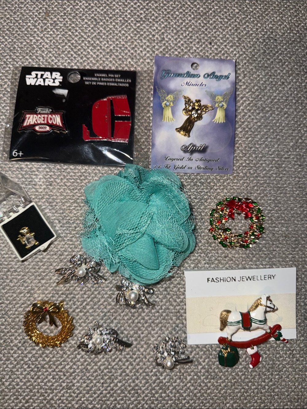 Brooch Pick One-  floral, wreath, angel, rocking horse, bear